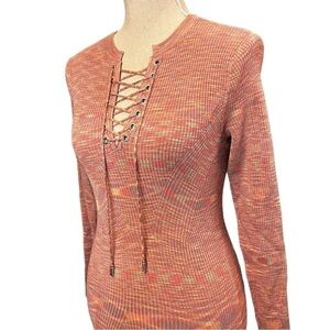 Marciano Body Conscious Ribbed Knit Midi Rainbow Dress with Lace Up Neck